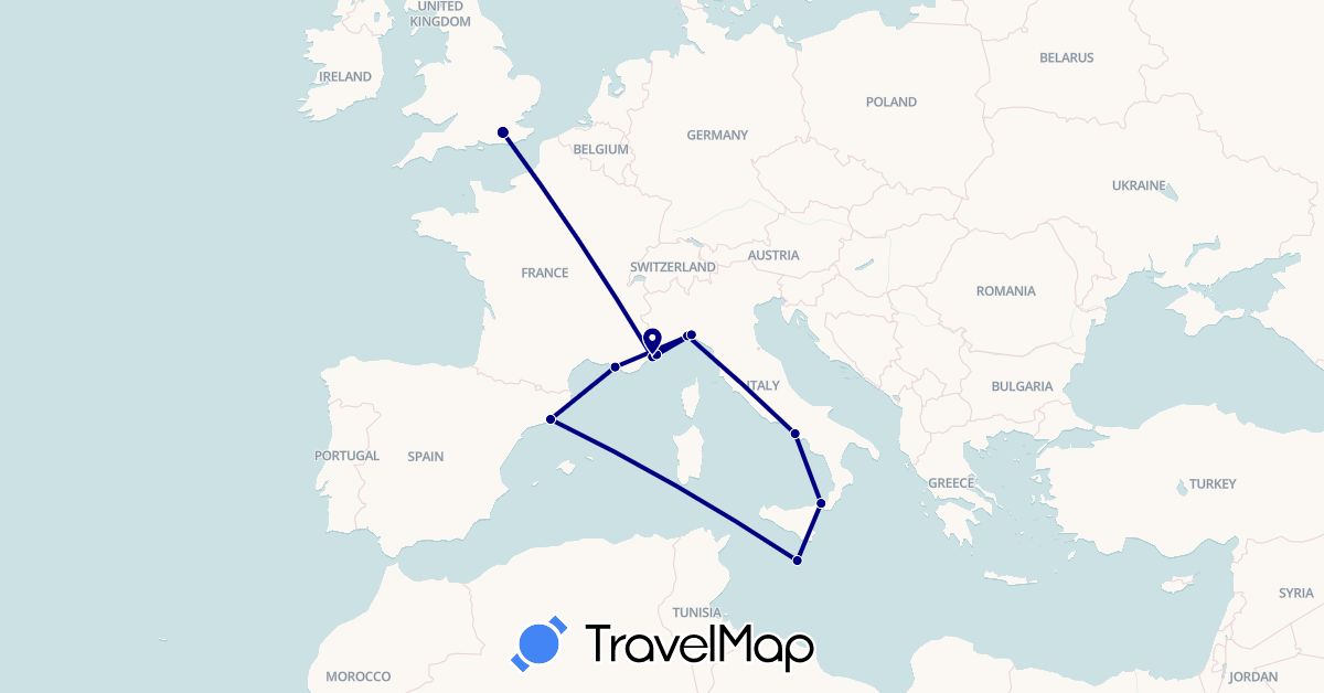 TravelMap itinerary: driving in Spain, France, United Kingdom, Italy, Monaco, Malta (Europe)